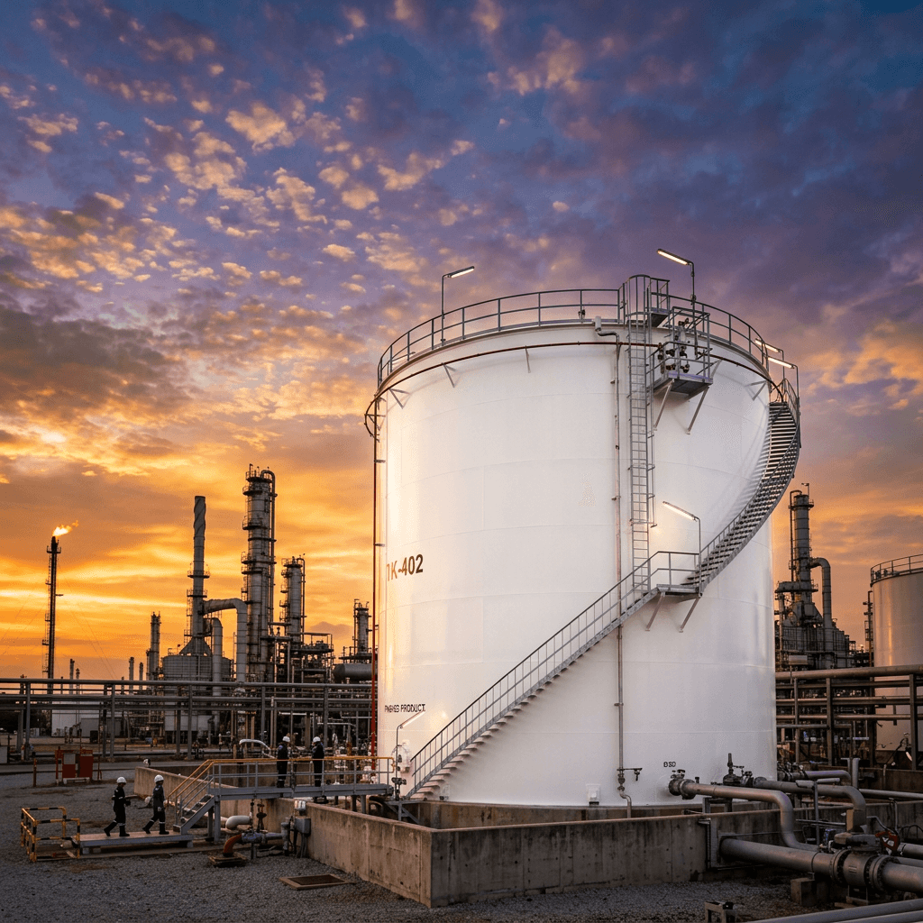 Tanque de almacenamiento vertical con escalera helicoidal en una refinería al atardecer