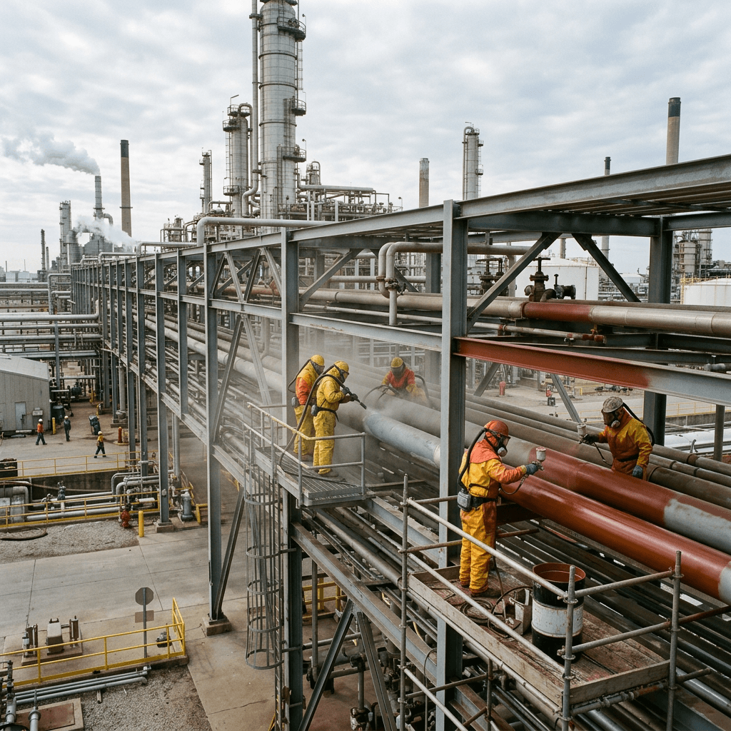 Cuadrilla con trajes de protección aplica recubrimiento a la tubería de un rack elevado