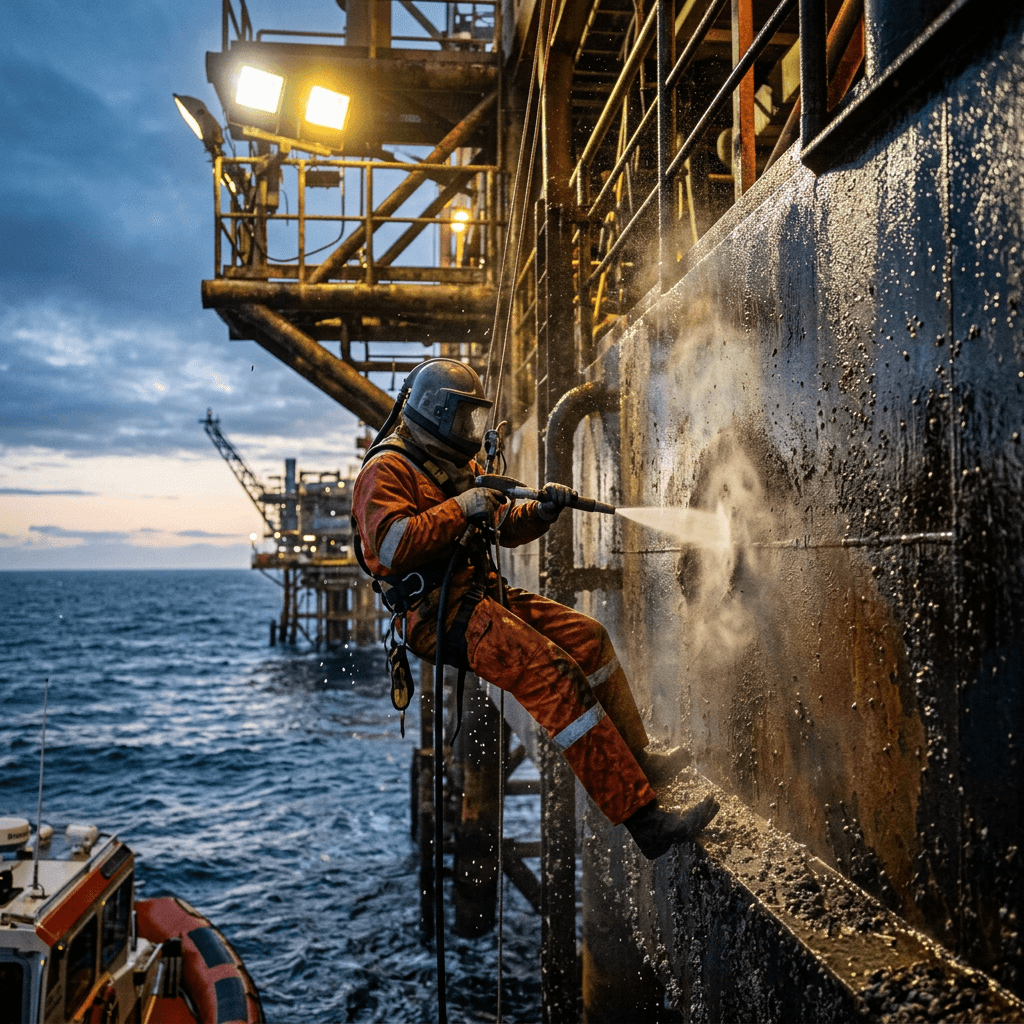 Técnico suspendido en cuerdas limpia el costado de una plataforma marina sobre el mar