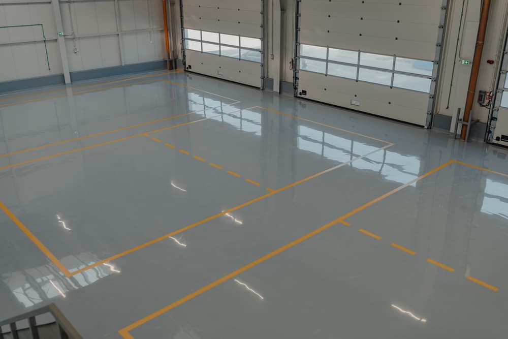 Piso epóxico gris con líneas amarillas de demarcación en una nave industrial